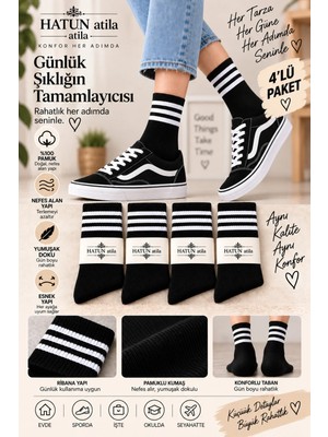 Hatun Atila Unisex Çizgili Pamuklu Beyaz Tenis Çorap Seti 4’lü Ekonomik paket Siyah 16005