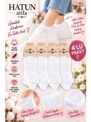 Hatun Atila Unisex Topuk Kulakçıklı Pamuklu Sneaker Çorap Seti 4’lü Paket Beyaz 16006