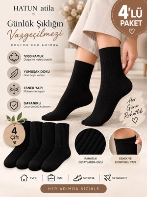 Hatun Atila Unisex Pamuklu Esnek Ribana Uzun Tenis Çorap Seti 4’lü Ekonomik paket Siyah 16007