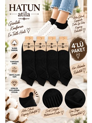 Hatun Atila Unisex Topuk Kulakçıklı Pamuklu Sneaker Çorap Seti 4’lü Paket Siyah 16006