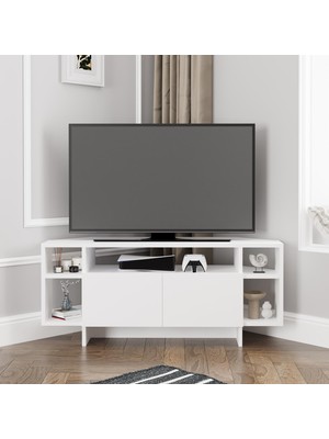 Bimossa B1620 Era Köşe Tv Ünitesi Beyaz, Kapaklı ve Raflı Tv Sehpası 116,8 cm