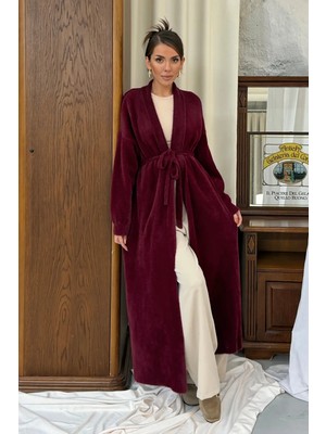 Hatun Atila Kuşaklı Yumuşak Peluş Dokulu Şardonlu Uzun Maxi Hırka 15206 - Bordo