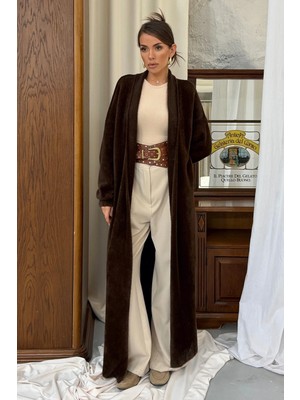 Hatun Atila Kuşaklı Yumuşak Peluş Dokulu Şardonlu Uzun Maxi Hırka 15206 - Kahverengi