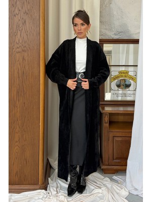 Hatun Atila Kuşaklı Yumuşak Peluş Dokulu Şardonlu Uzun Maxi Hırka 15206 - Siyah