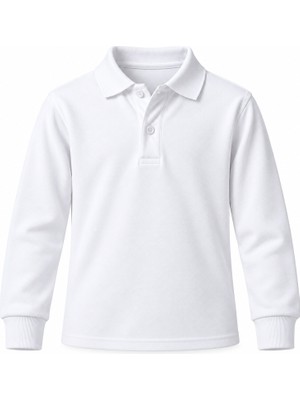 Kidsmadamiko Unisex Çocuk %100 Pamuk Polo Yaka Uzun Kollu Manşetli Beyaz Okul Tişörtü 5-17 Yaş
