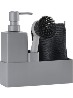 SBN - Store Prime Geschirrspülset, Spülorganizer Mit Seifenspender/spülmittelspender, Spültuch Und Spülbürste, 19 x 6 x 20,5 Cm, Set Mit 4 Teilen, Grau