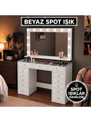 Rani BJ195 Hollywood Beyaz Işık Aynalı Cam Tablalı Makyaj Masası 13 Çekmeceli Takı Düzenleyici Beyaz