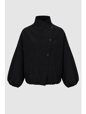 Thalure Kadın Siyah Kruvaze Oversize Bomber Ceket