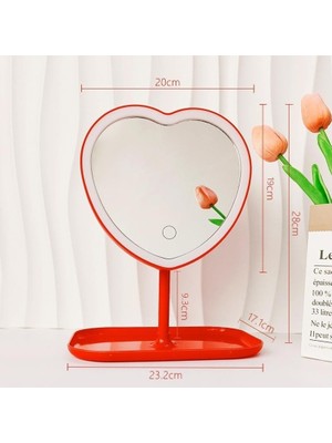 SBN - Store Prime Kalp Şeklinde LED Işıklı Şarjlı Makyaj Aynası - 3 Farklı Işık Rengi - Dokunmatik Ekran - Şarjlı ve Kontrast Ayarlı - Büyük Boy Kırmızı