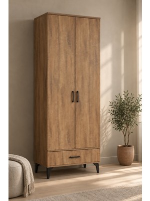 MAQ HOME İcon 2 Kapaklı Gardırop Çekmeceli Askılı Raflı Elbise Dolabı 80 cm Ahşap