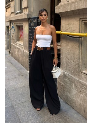 Bejna Kadın Kemer Detaylı Pileli Wide Leg Dokuma Pantolon