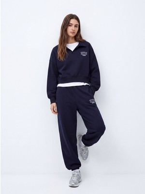 Little Big Ltb Zokofa Relaxed Fit Yaka Detaylı Yazı Baskılı Lacivert Sweatshırt