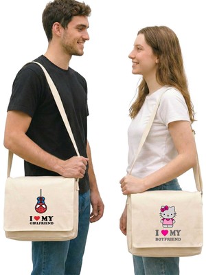 Zepplin Giyim I Love My Boy Friend And Girlfriend Sevgili Çift Krem Kanvas Postacı Çantası