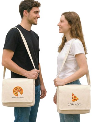 Zepplin Giyim Pizza Dilim Sevgili Çift Krem Kanvas Postacı Çantası