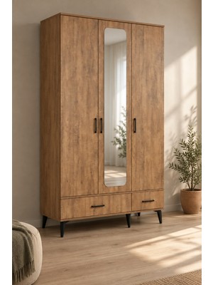 MAQ HOME İcon 3 Kapaklı Aynalı Gardırop 2 Çekmeceli Askılı Raflı Elbise Dolabı 120 cm Ahşap
