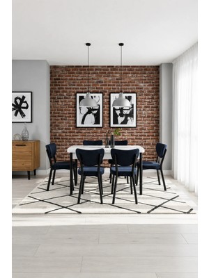 Valoria Serisi 6 Kişilik 80X130 cm Beyaz Mdf Antrasit Kumaş Siyah Iskelet Yemek ve Mutfak Masası Takımı