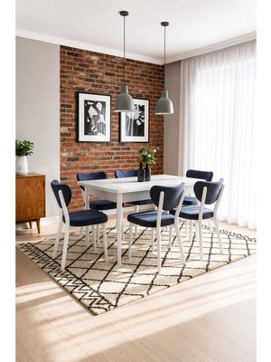 Valoria Serisi 6 Kişilik 80X130 cm Beyaz Mdf Gri Kumaş Beyaz Iskelet Yemek ve Mutfak Masası Takımı