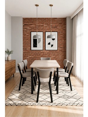 Valoria Serisi 6 Kişilik 80X130 cm Traverten Mdf Krem Kumaş Siyah Iskelet Yemek ve Mutfak Masası Takımı