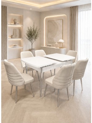 Viora Nova Krom Serisi 6 Kişilik Krem Kumaş 80*130 cm Beyaz Mdf Yemek ve Mutfak Masası Takımı