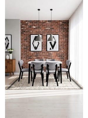Valoria Serisi 6 Kişilik 80X130 cm Beyaz Mdf A.gri Kumaş Siyah Iskelet Yemek ve Mutfak Masası Takımı