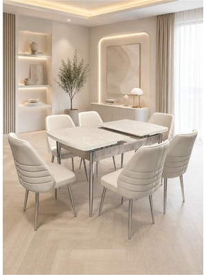 Viora Nova Krom Serisi 6 Kişilik Krem Kumaş 80*130 cm Traverten Mdf Yemek ve Mutfak Masası Takımı