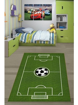 SBN - Store Pelangi Futbol Sahası Futbol Topu Desen Dijital Baskı Yıkanabilir Kaymaz Taban Çocuk Odası Halısı, Yeşil 60 x 120