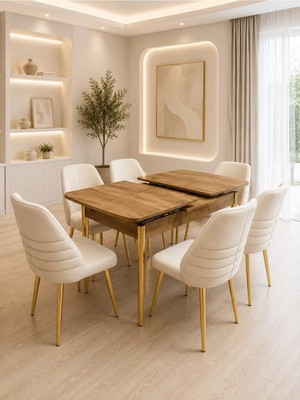 Viora Nova Gold Serisi 6 Kişilik Krem Kumaş 80*130 cm Antik Çam Mdf Yemek ve Mutfak Masası Takımı