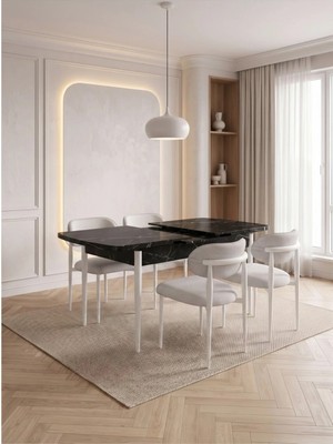 Bella Serisi 4 Kişilik Krem Kumaş 80*130 Siyah Mermer Masa Sandalye Seti (Modern Seri) Beyaz Iskelet