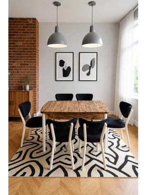 Valoria Serisi 6 Kişilik 80X130 cm Çam Mdf Siyah Kumaş Beyaz Iskelet Yemek ve Mutfak Masası Takımı