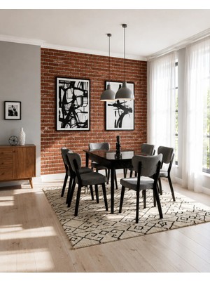 Valoria Serisi 6 Kişilik 80X130 cm Siyah Mermer Mdf A.gri Kumaş Siyah Iskelet Yemek ve Mutfak Masası Takımı