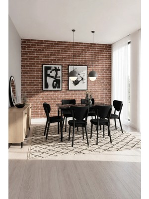 Valoria Serisi 6 Kişilik 80X130 cm Siyah Mermer Mdf Siyah Kumaş Siyah Iskelet Yemek ve Mutfak Masası Takımı