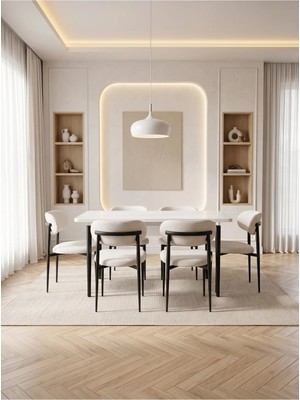 Bella Serisi 6 Kişilik Beyaz Kumaş 80*130 Beyaz Masa Sandalye Seti (Modern Seri)Siyah Iskelet