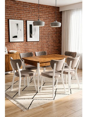 Valoria Serisi 6 Kişilik 80X130 cm Çam Mdf Cappuccino Kumaş Beyaz Iskelet Yemek ve Mutfak Masası Takımı