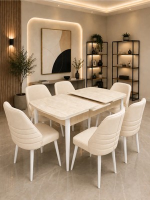 Myosotis Serisi 6 Kişilik Krem Kumaş Traverten Mdf Açılır Yemek ve Mutfak Masası Takımı Beyaz Iskelet