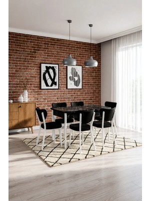 Valoria Serisi 6 Kişilik 80X130 cm Siyah Mermer Mdf Siyah Kumaş Beyaz Iskelet Yemek ve Mutfak Masası Takımı