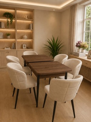 Midye Serisi 6 Kişilik Çam 80X130 Mdf Krem Kumaş Yemek ve Mutfak Masası Takımı Modern ve Şık