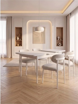 Bella Serisi 4 Kişilik Beyaz Kumaş 80*130 Beyaz Masa Sandalye Seti (Modern Seri) Beyaz Iskelet