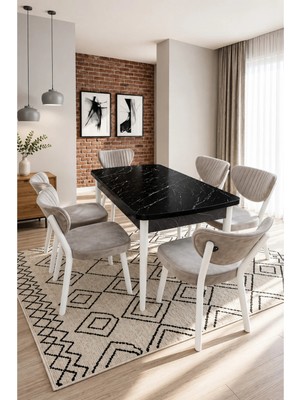 Valoria Serisi 6 Kişilik 80X130 cm Siyah Mermer Mdf Krem Kumaş Beyaz Iskelet Yemek ve Mutfak Masası Takımı