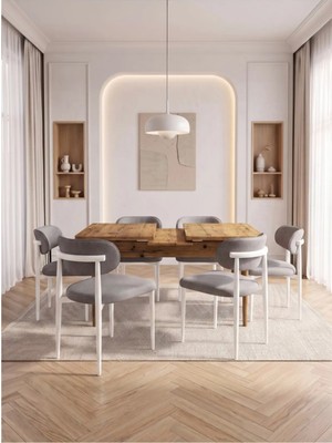 Bella Serisi 4 Kişilik A.gri Kumaş 80*130 Çam Masa Sandalye Seti (Modern Seri) Beyaz Iskelet