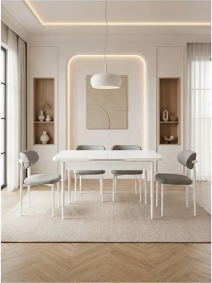 Bella Serisi 4 Kişilik A.gri Kumaş 80*130 Beyaz Masa Sandalye Seti (Modern Seri) Beyaz Iskelet