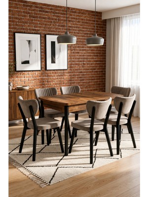 Valoria Serisi 6 Kişilik 80X130 cm Çam Mdf Cappuccino Kumaş Siyah Iskelet Yemek ve Mutfak Masası Takımı