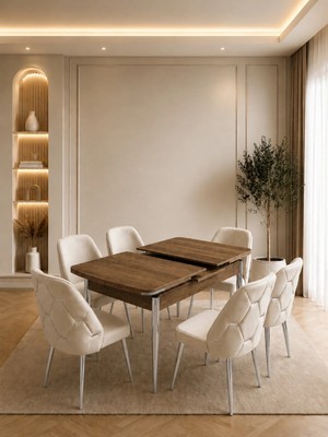 Serena Krom 6 Kişilik Antik Çam 80X130 Mdf Krem Kumaş Yemek ve Mutfak Masası Takımı Modern ve Şık