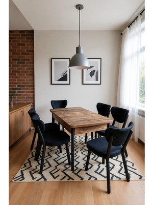 Valoria Serisi 6 Kişilik 80X130 cm Çam Mdf Antrasit Kumaş Siyah Iskelet Yemek ve Mutfak Masası Takımı