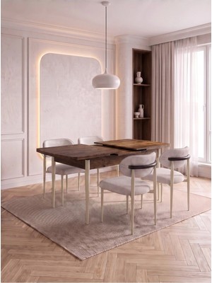 Bella Serisi 4 Kişilik Krem Kumaş 80*130 Çam Masa Sandalye Seti (Modern Seri)Krem Iskelet
