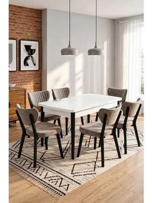 Valoria Serisi 6 Kişilik 80X130 cm Beyaz Mdf Krem Kumaş Siyah Iskelet Yemek ve Mutfak Masası Takımı