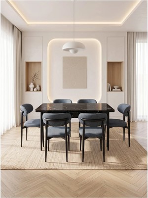 Bella Serisi 6 Kişilik Antrasit Kumaş 80*130 Siyah Mermer Masa Sandalye Seti (Modern Seri)Siyah Iskelet