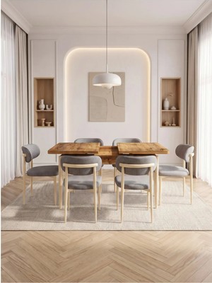 Bella Serisi 6 Kişilik A.gri Kumaş 80*130 Çam Açılır Masa Sandalye Seti (Modern Seri)Krem Iskelet