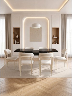 Bella Serisi 6 Kişilik Beyaz Kumaş 80*130 Siyah Mermer Açılır Masa Sandalye Seti (Modern Seri)Krem Iskelet
