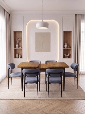 Bella Serisi 6 Kişilik Antrasit Kumaş 80*130 Çam Masa Sandalye Seti (Modern Seri)Siyah Iskelet
