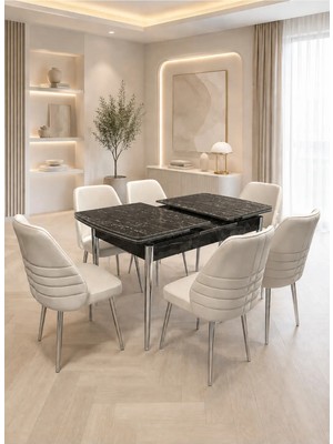 Viora Nova Krom Serisi 6 Kişilik Krem Kumaş 80*130 cm Siyah Mermer Mdf Yemek ve Mutfak Masası Takımı